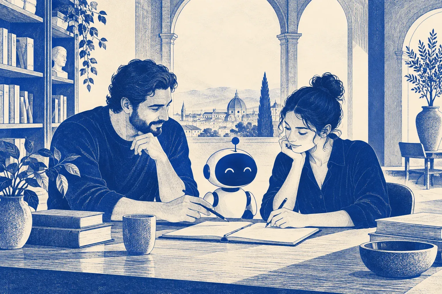A man and a woman take notes at a library table beside a small smiling robot, with a domed city skyline through the arches.
