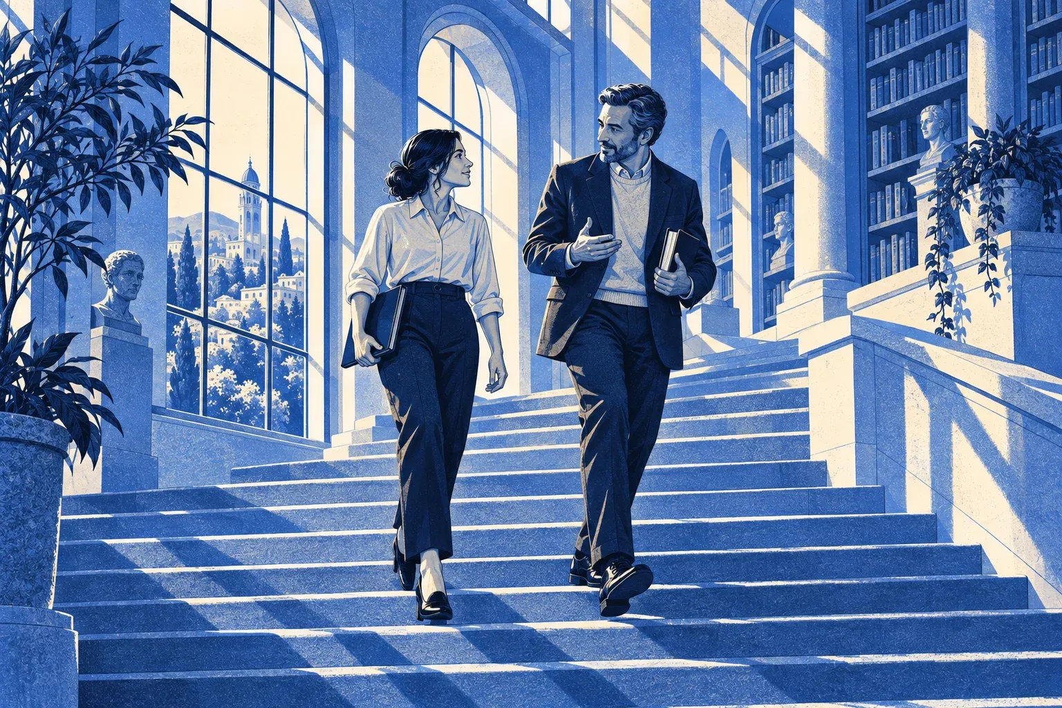 A mentor and colleague talking while walking up a sunlit library staircase.