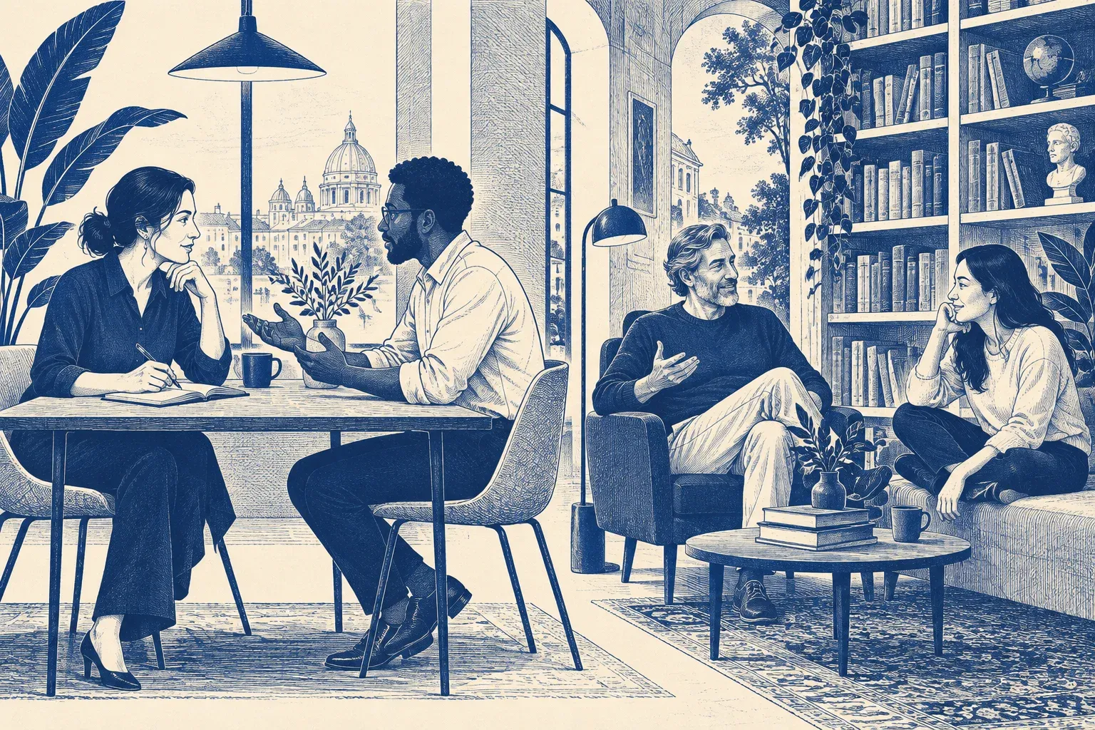 Two pairs share a room: a woman takes notes at a table across from a man, while two others chat on a sofa and armchair.