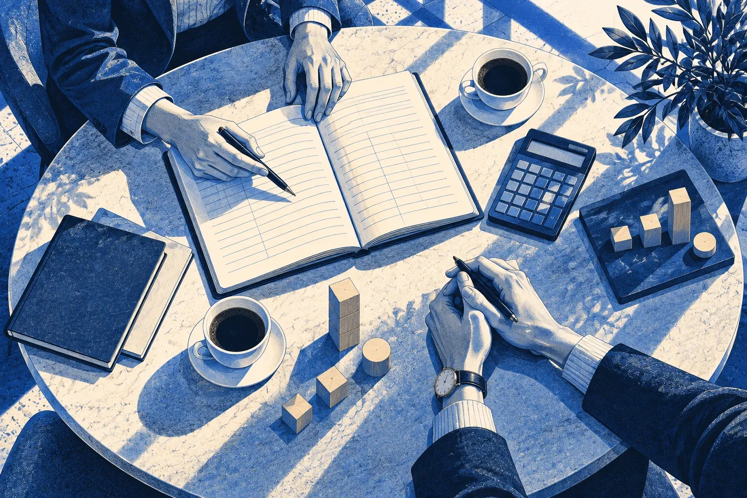 An overhead view of notebooks, a calculator, and planning materials on a meeting table.