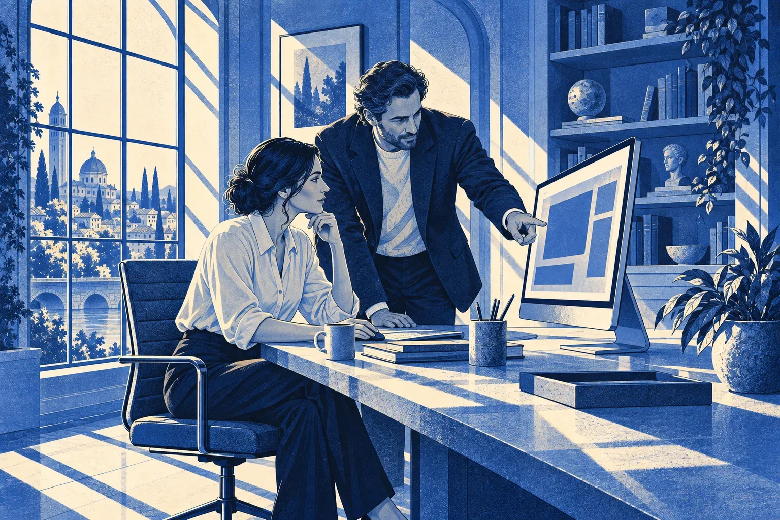 Two colleagues reviewing a computer together in an illustrated blue office.