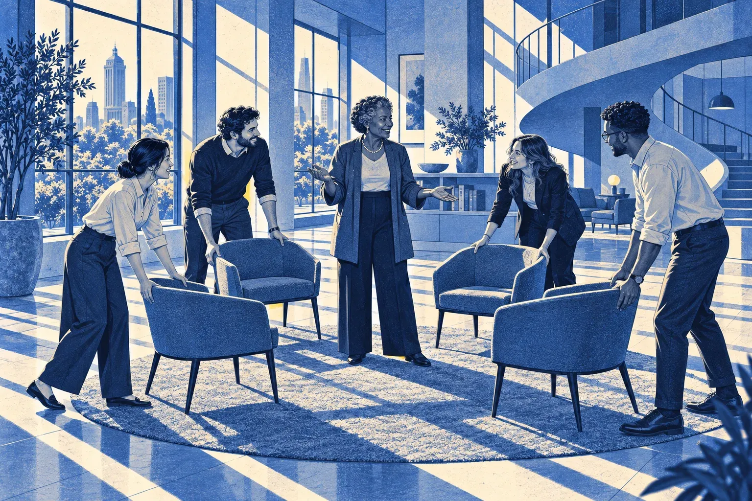 Colleagues arranging chairs for a mentoring group in a bright office.