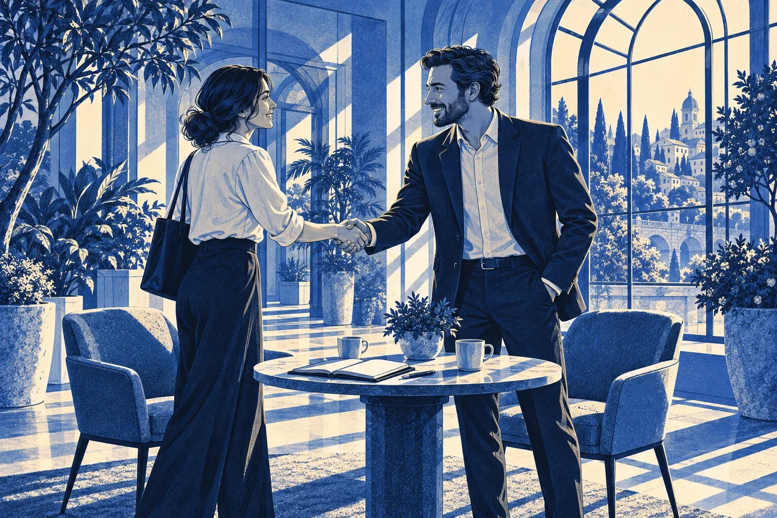 Two professionals meeting beside a notebook and coffee in a sunlit conservatory.