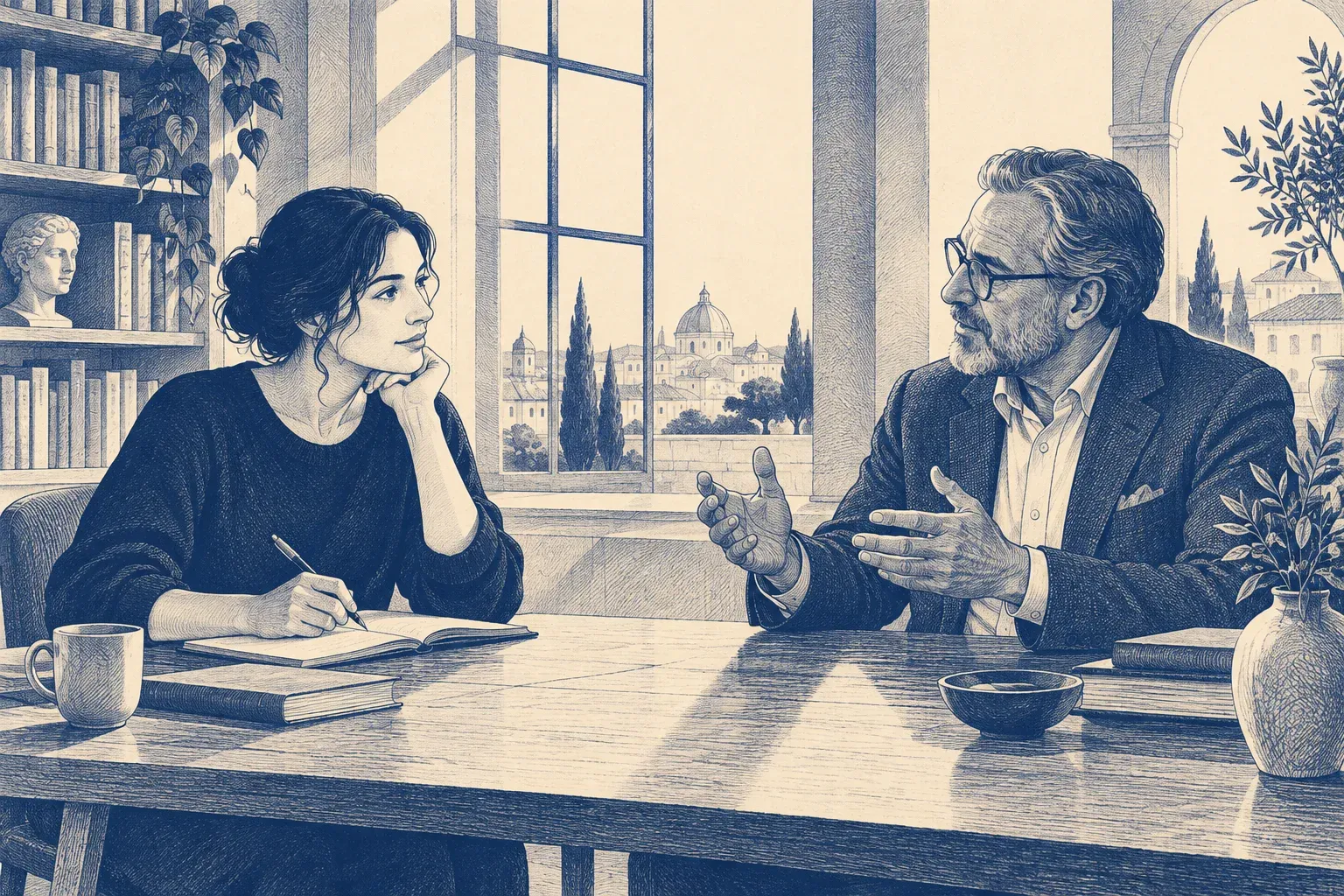 A woman takes notes at a wooden table while an older man in a jacket explains something with open hands.