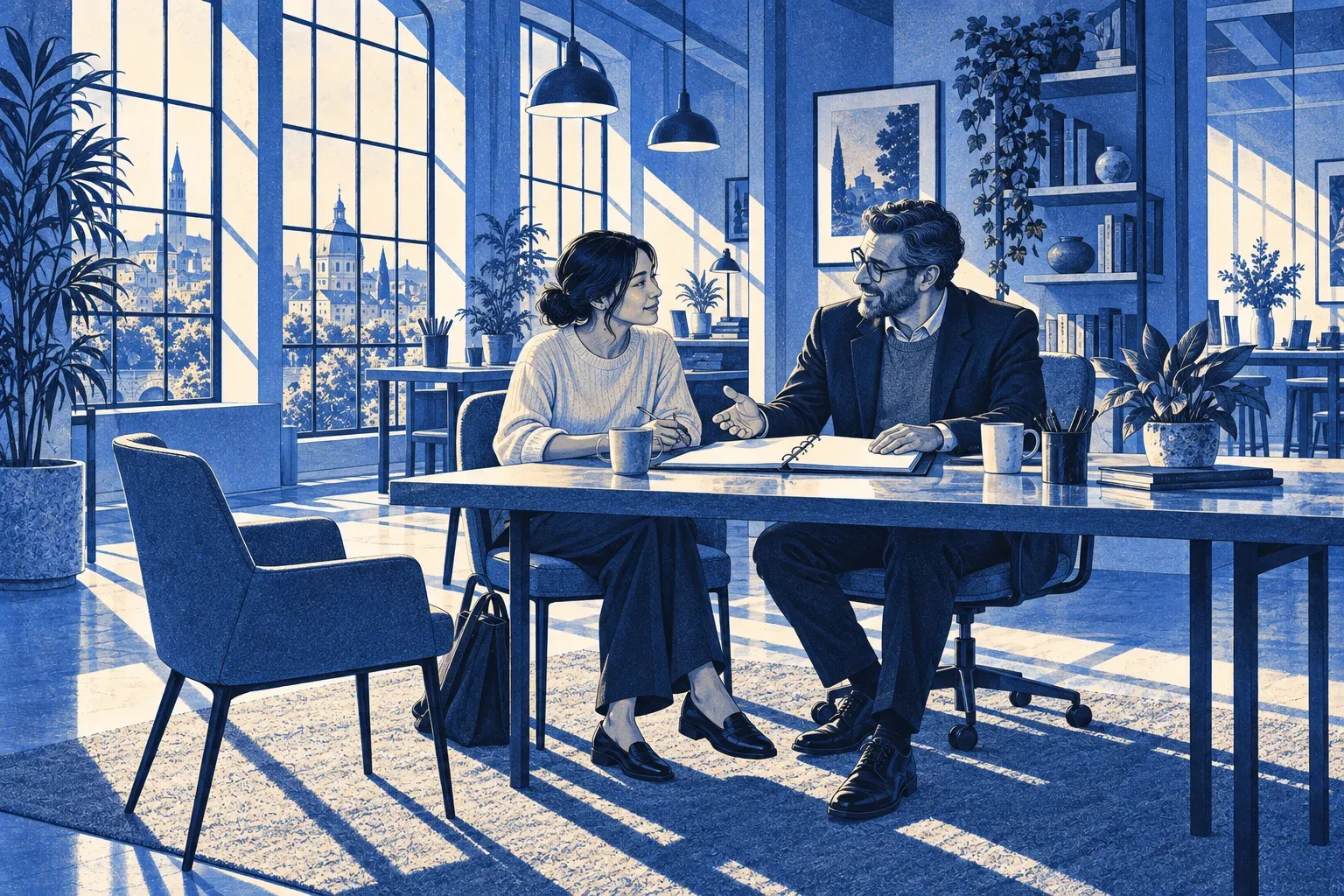 An experienced colleague helping a new employee settle into a shared workspace.