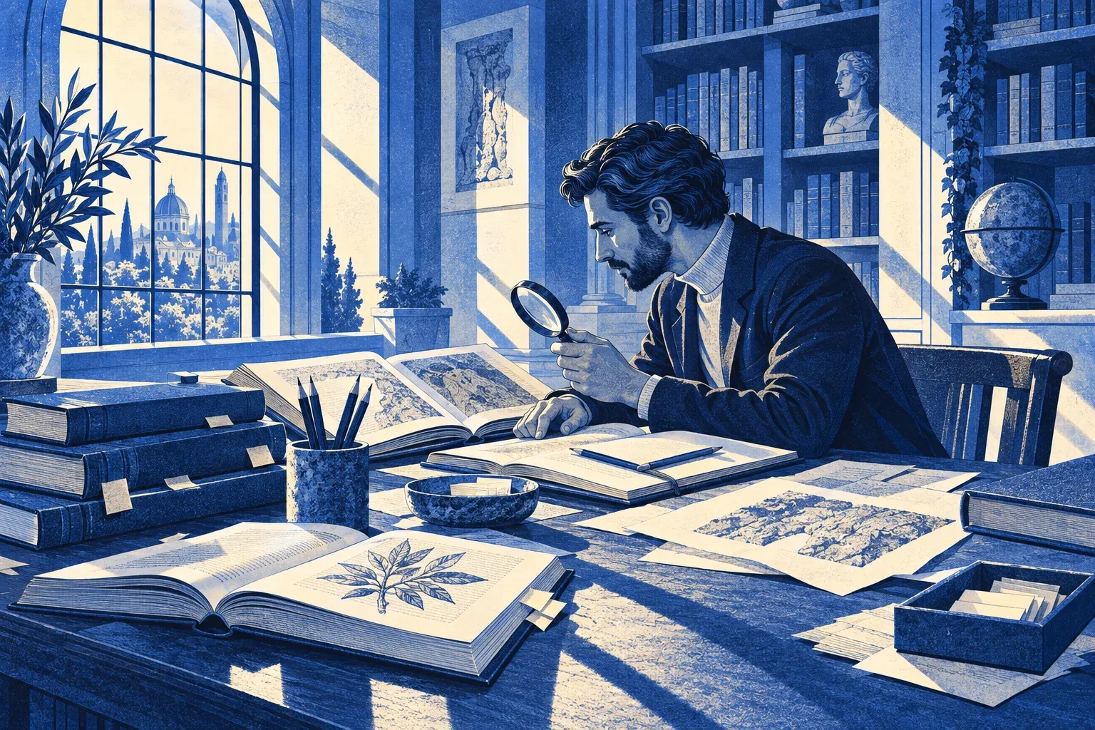 A researcher comparing reference books and notes in a library.