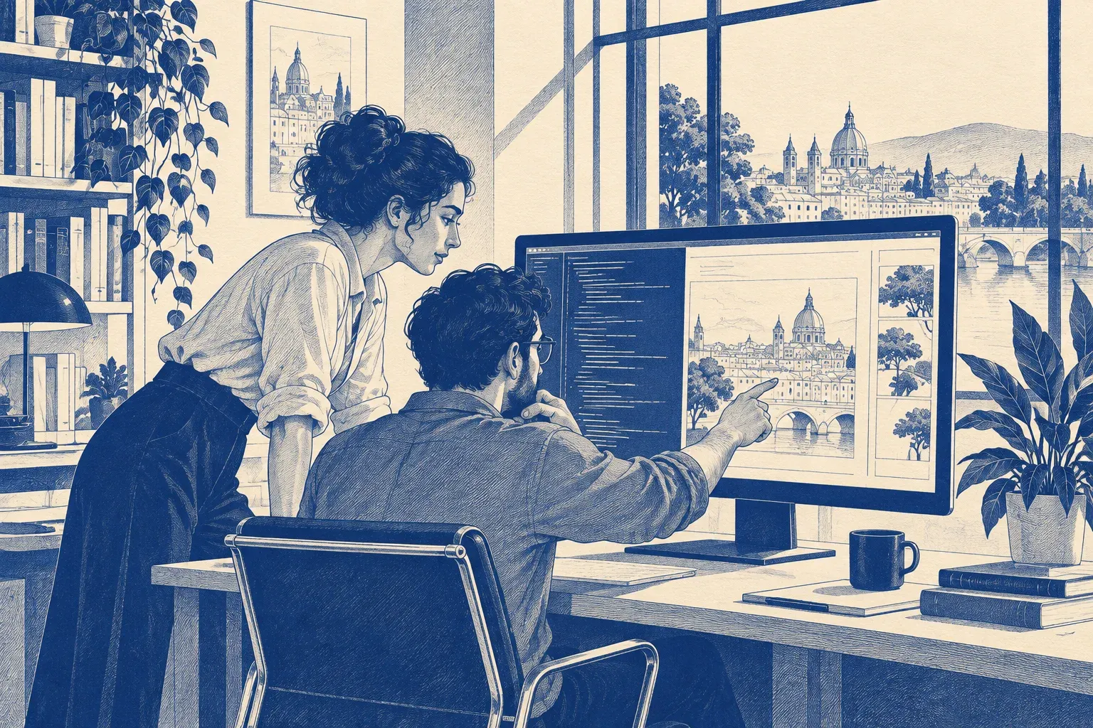 A developer points at a design on his monitor while a colleague leans over his shoulder to look.