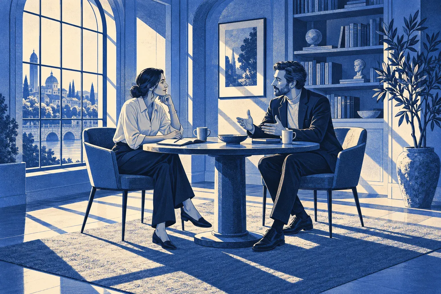 Two professionals talking across a table in a sunlit library, illustrated in blue and cream.